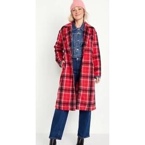 NWT Old Navy Women's Oversized Soft-Brushed Tartan Red Plaid Overcoat Sz XL